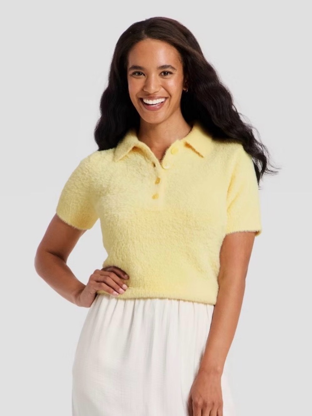 Women’s Short Sleeve Polo Collar Fuzzy Sweater
